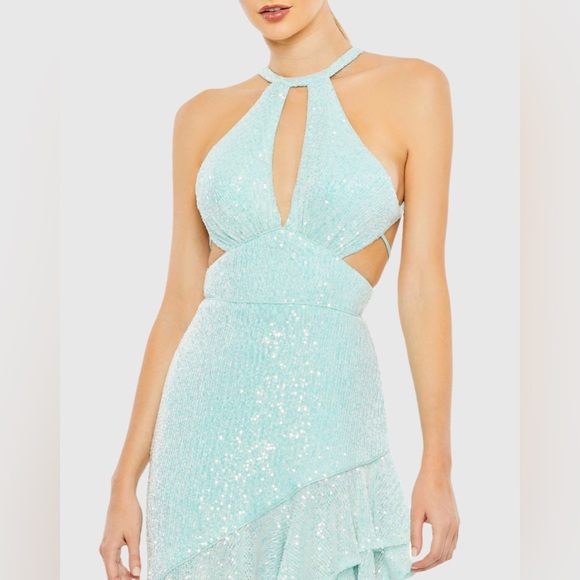 NWT $298 MAC DUGGAL Blue Sequined Halter Cut Out Ruffle Asymmetrical Dress Gown - Picture 3 of 5